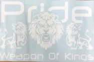 Наклейка с изображением льва и надписью "Pride weapon of kings" 25*39см белый